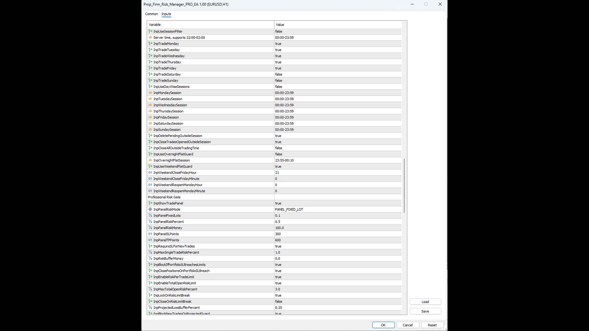 Configurable inputs: session filter, risk gate and exposure limits